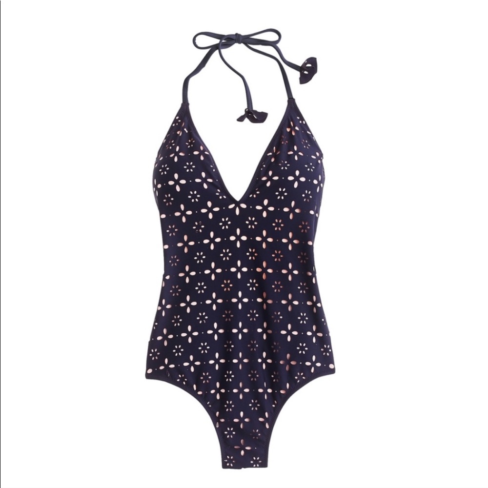 J. Crew Navy Eyelet Lasercut V-Neck Tie One Piece